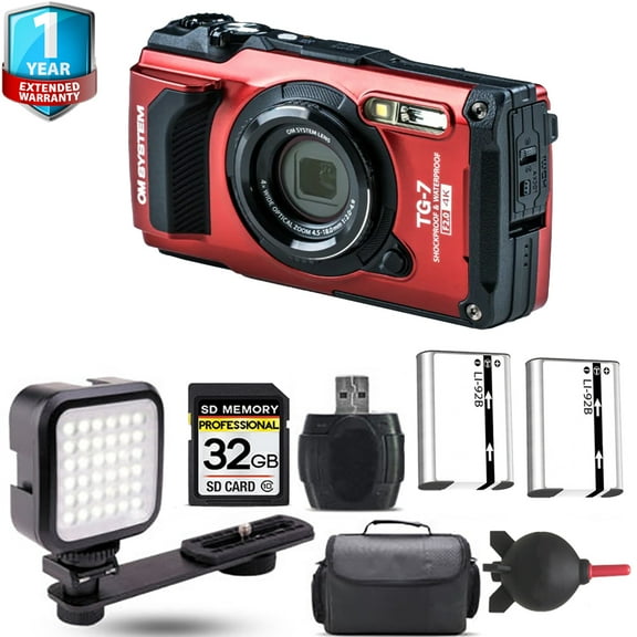 Olympus OM SYSTEM Tough TG-7 Digital Camera (Red)   Extra Battery   LED  1 Yr Warranty (International Version)