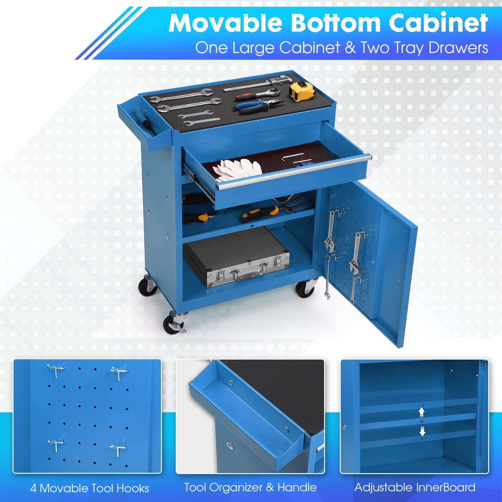 Clickoods 5-Drawer Rolling Tool Chest with Lockable Toolbox, Large Capacity Metal Tool Cabinet with Detachable Top Box, Storage Organizer for Garage & Workshop, Blue