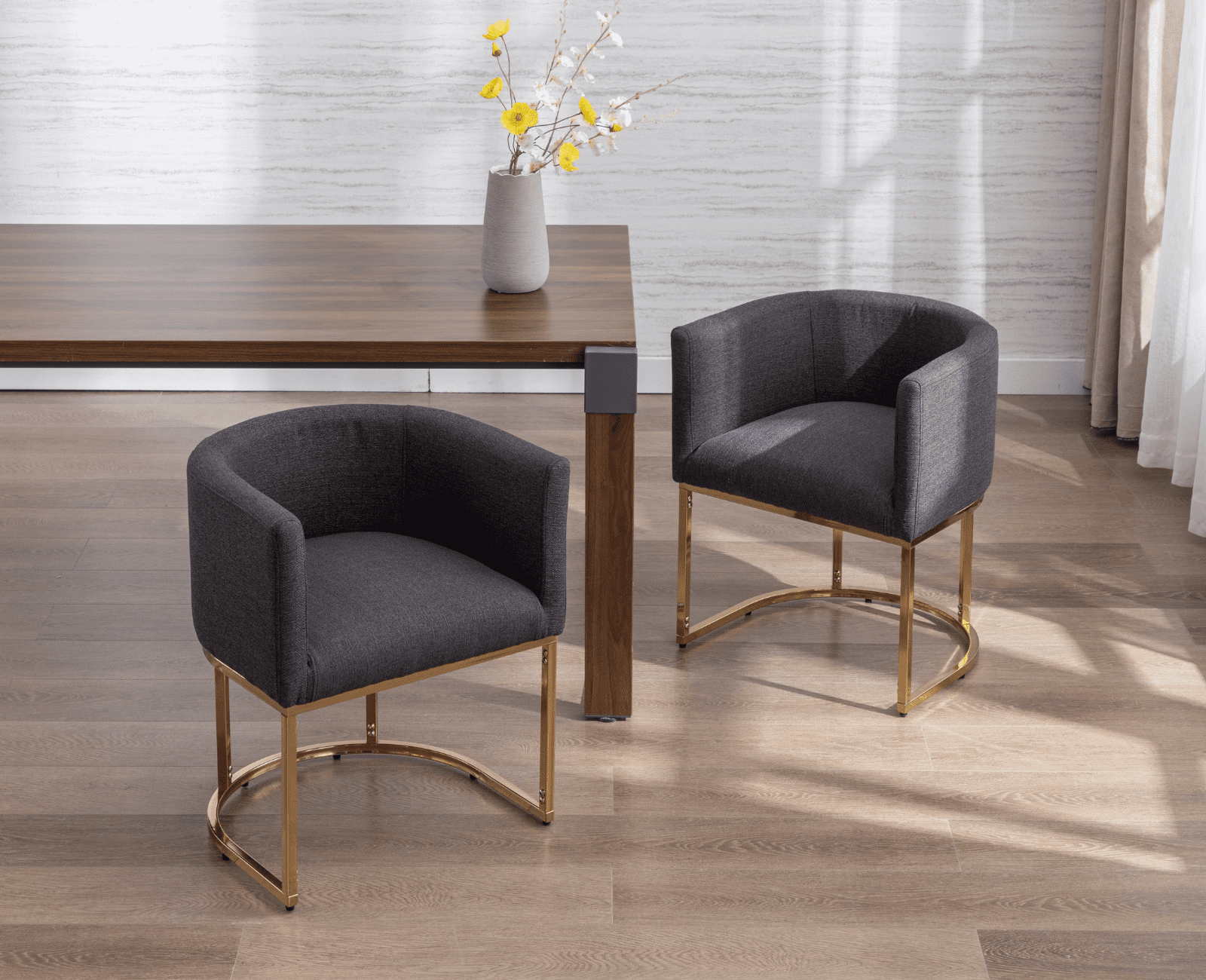 Guyou Modern Linen Dining Chair, Mid-century Upholstered Barrel Kitchen Chairs Fabric Side Chair with Metal Legs and Curved Back for Living Room Dining Room Bedroom, Charcoal