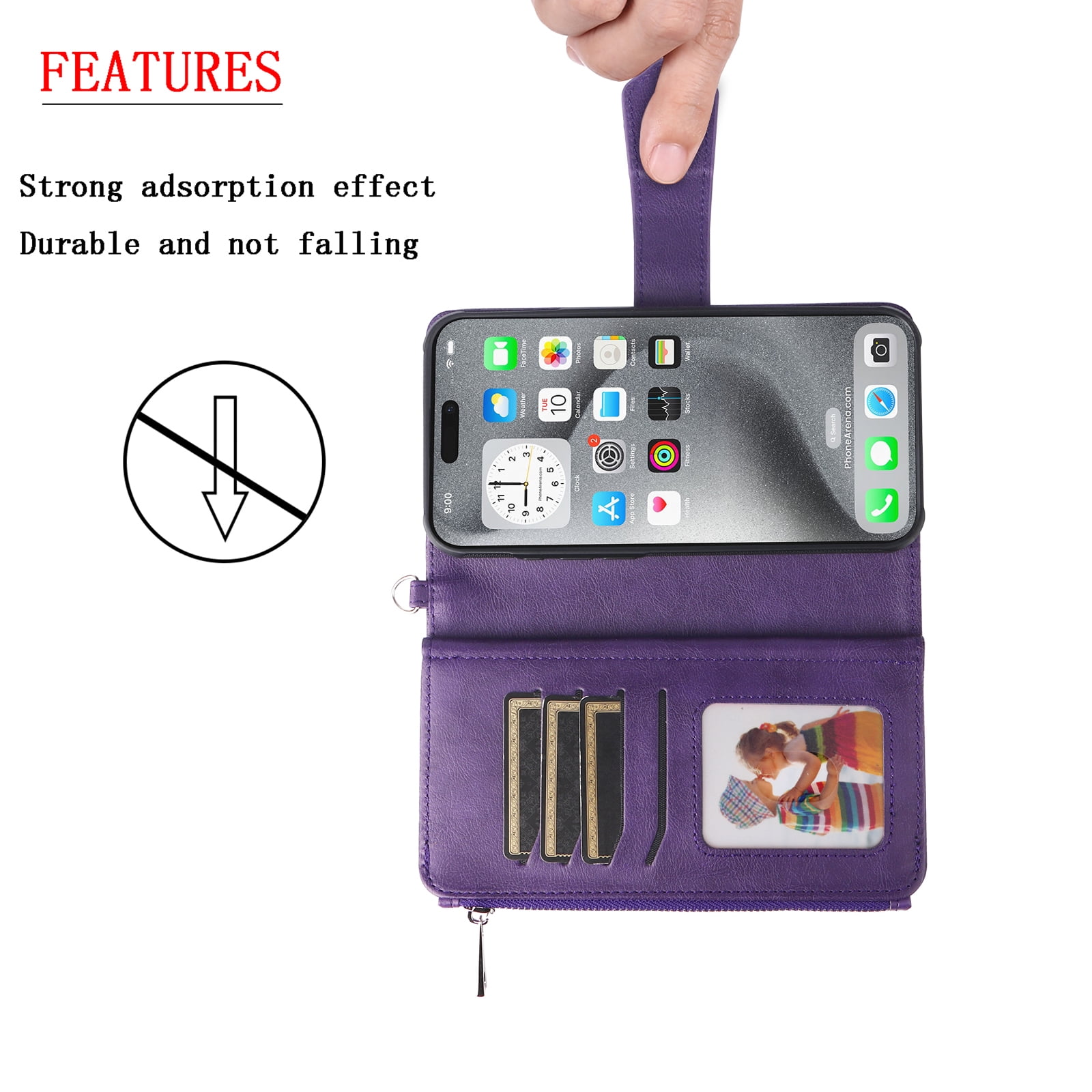 Dteck for iPhone 16 Wallet Case, 2 In 1 Detachable Protective Phone Case Women Men Kickstand flip Cover Wrist Strap Zipper Credit Card Holder Slots for iPhone 16,Purple