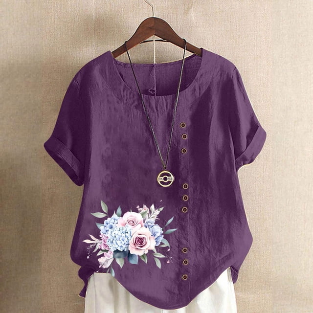 Staron Chemises d'Été pour Femmes Liquidation Coton Lin Tunique d'Été Col Rond Imprimé Floral Manches Courtes Retroussées Grande Taille Hauts Chemises Habillées