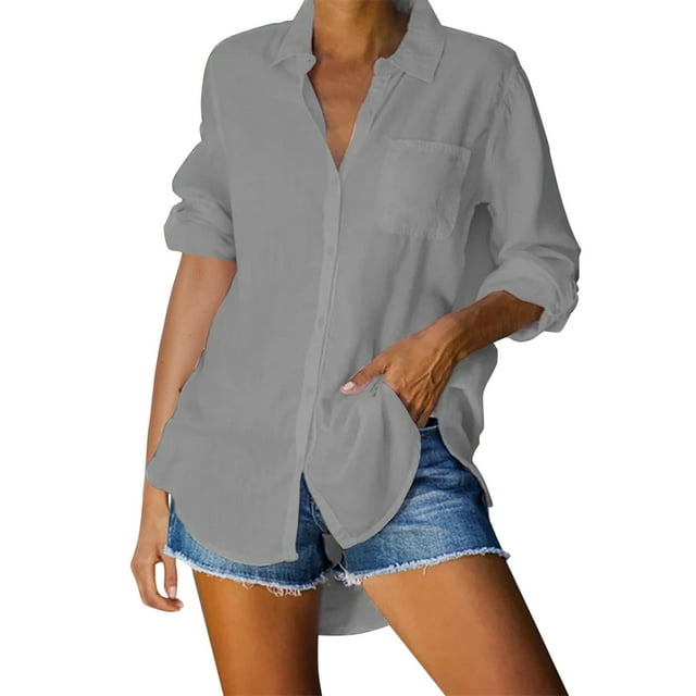 YFELWZ Womens Plus Size Solid Color Casual Loose Breasted Shirt Top Grey S