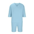 thumbnail image 4 of Jinhomg Loose Fit Outfits Men 2 Piece Lightweight Breathable Lounge Sets Big and Tall Comfy Short Sleeve V-Neck T-Shirt with Drawstring Waist Shorts Light Blue XL, 4 of 7