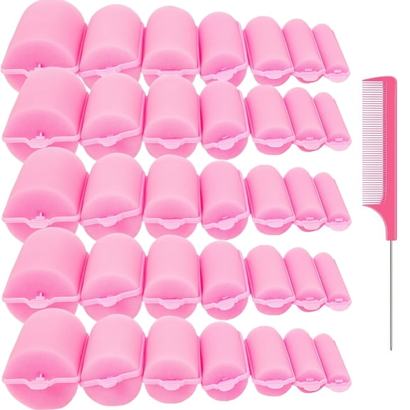 Bexikou 56 Pieces Soft Foam Hair Rollers, Sleeping Sponge Hair Curlers with Comb, DIY Heatless Hair Styling Rollers for Women Girls, Pink