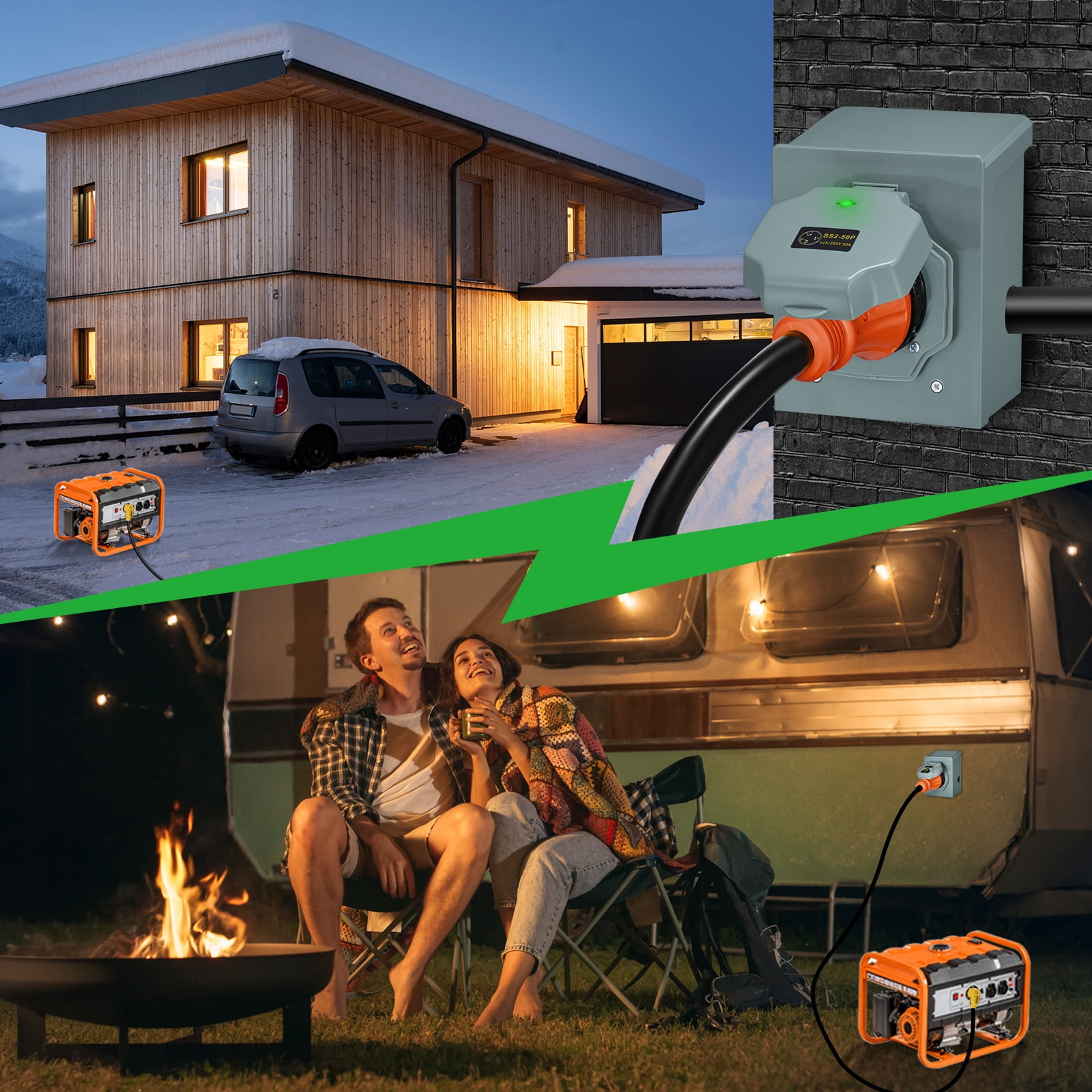 50 Amp Generator Extension Cord with Power Inlet Box, Heavy Duty 3 Prong Extension Cord Twist Locking Adapter Plug for RV Camper & Generator to House, ETL Listed
