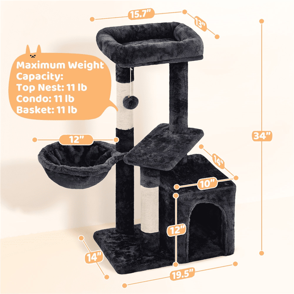 Yaheetech 34" Height Plush Cover Cat Tree with Condo and Sisal Ropes Posts, Black