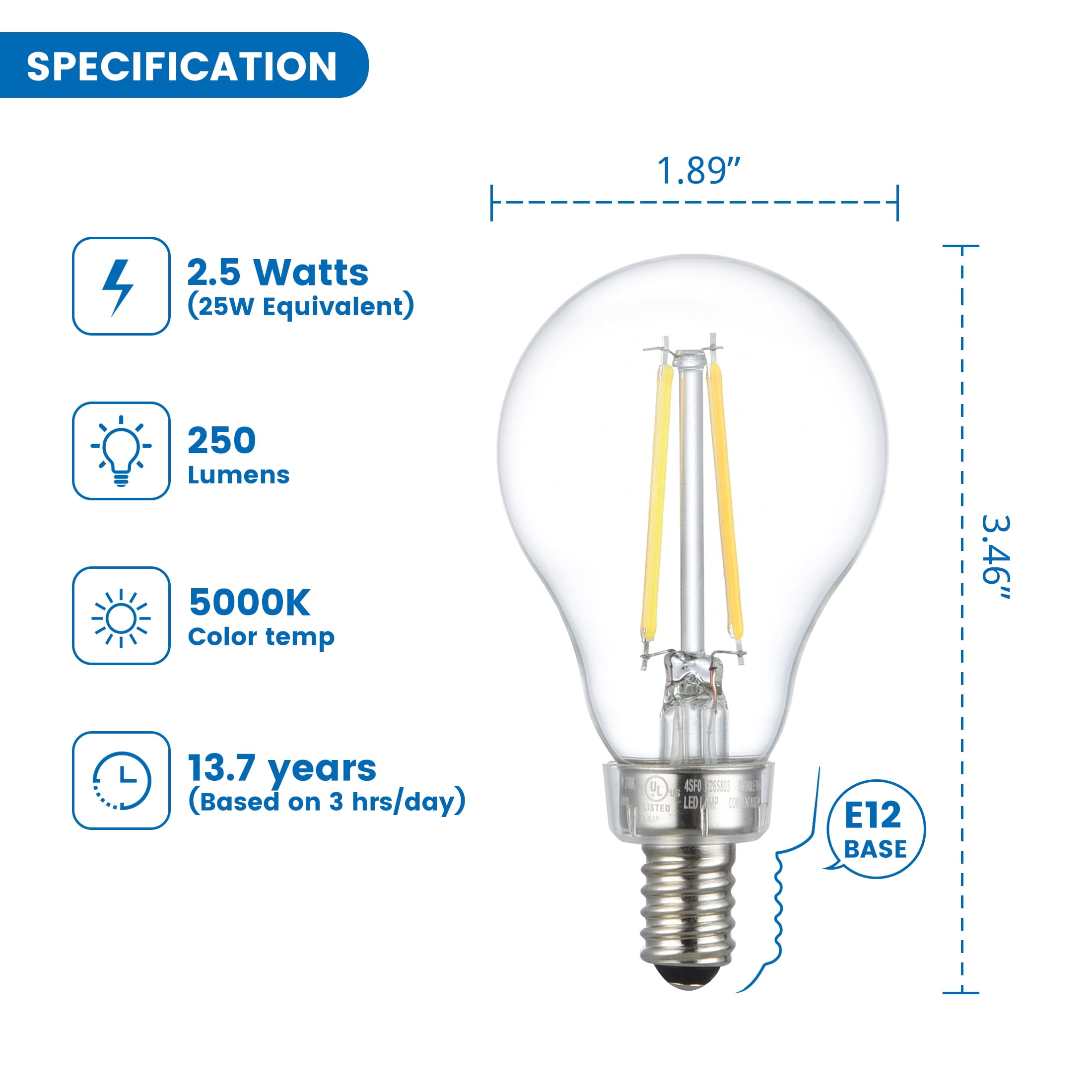 Great Value LED Ceiling Fan Bulb, A15, E12 Candelabra Base, 2.5W (25W Equivalent), Daylight, Clear, Dimmable, 2 Pack