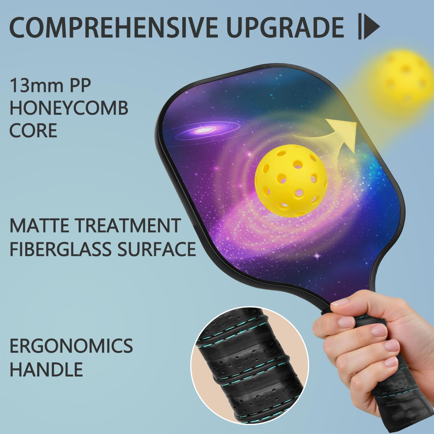 Pickleball Paddles Set Of 2, Fiberglass Surface, Galaxy Print, 4 Balls & Bag
