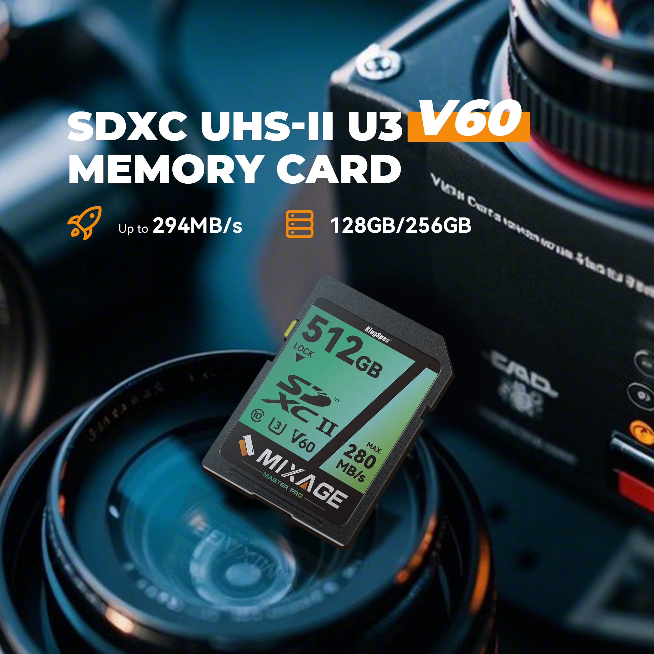 KingSpec MIXAGE 256GB SDXC U3 V60 A1 C10 UHS-II, 280MB/s Read 195MB/s Write 4K UHD Flash Memory Card SD Card for Cameras