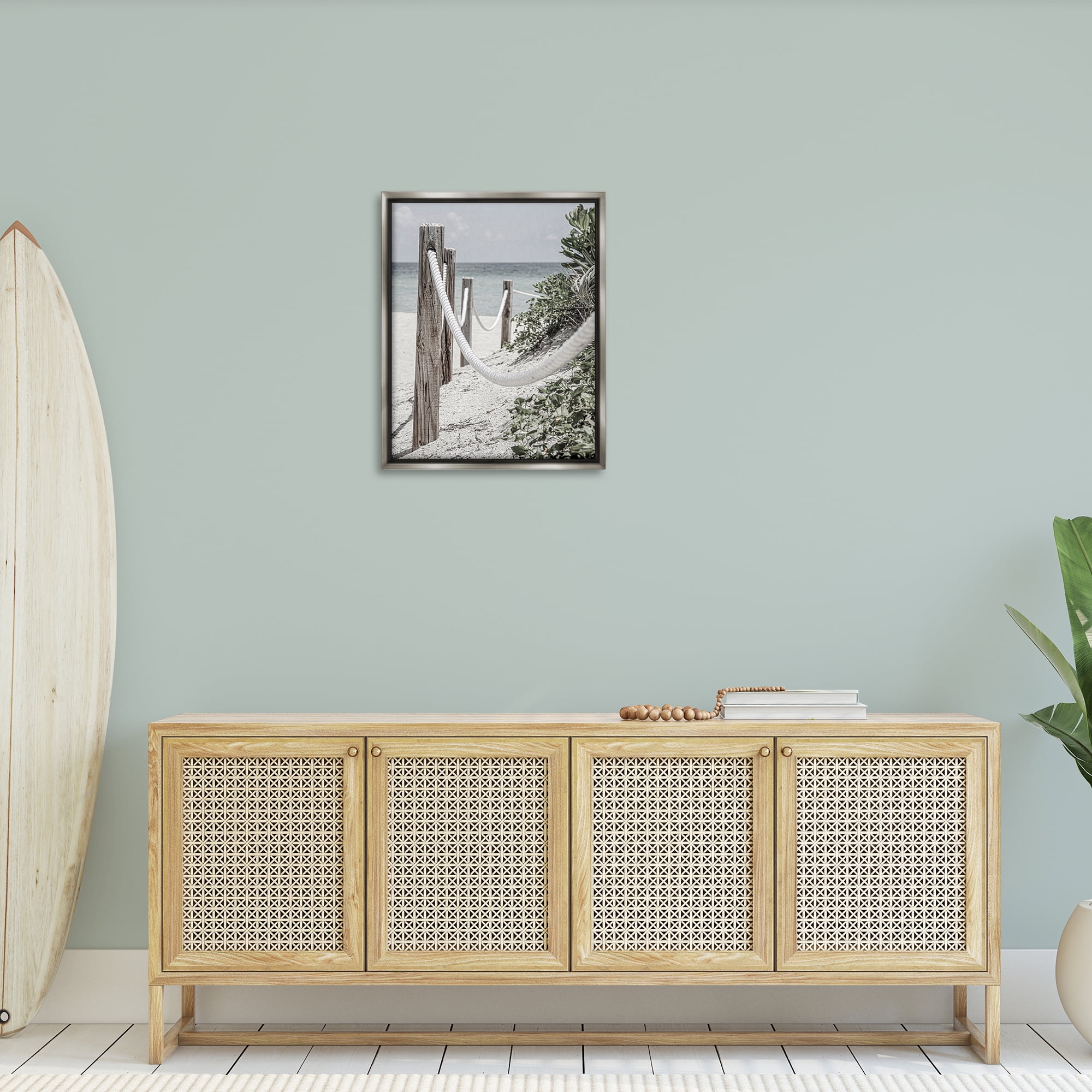 Stupell Industries Rope Fence Beach Landscape Photography Gray Floater Framed Canvas Art Print Wall Art, 25 x 31