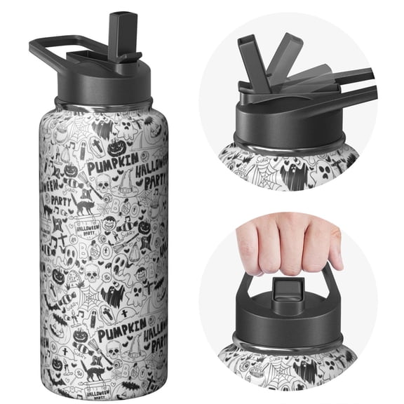 Cute Halloween 32oz Stainless Steel Tumbler with Handle and Straw – Pumpkin Witch Ghost Travel Mug – Vacuum Insulated Reusable Cup for Fall Gift Women Men