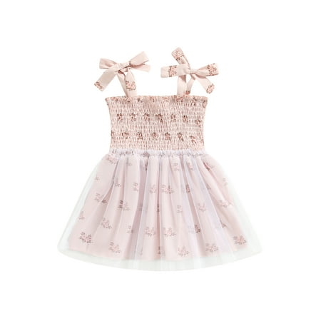 

Binpure Toddler Girls Summer Dress Sleeveless Bow Tie Strap Shamrock/Floral Print Tulle Dress