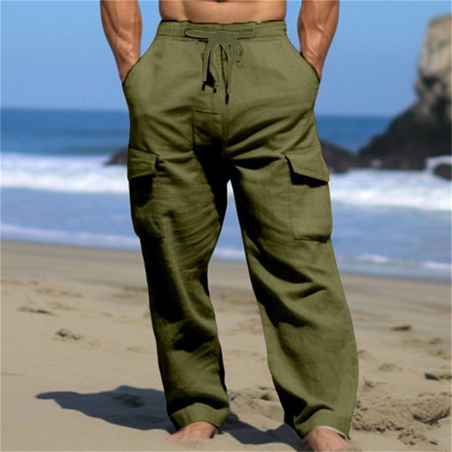 CHUANK Men‘s Solid Color Cargo Linen Drawstring Multi Pocket Straight Tube Plain Color Comfortable Breathable Outdoor Pants Year