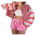 thumbnail image 4 of Women Denim Patchwork Jacket Button Down Distressed Cropped Denim Jacket Striped Pattern Long Sleeve with Pockets Streetwear, 4 of 8