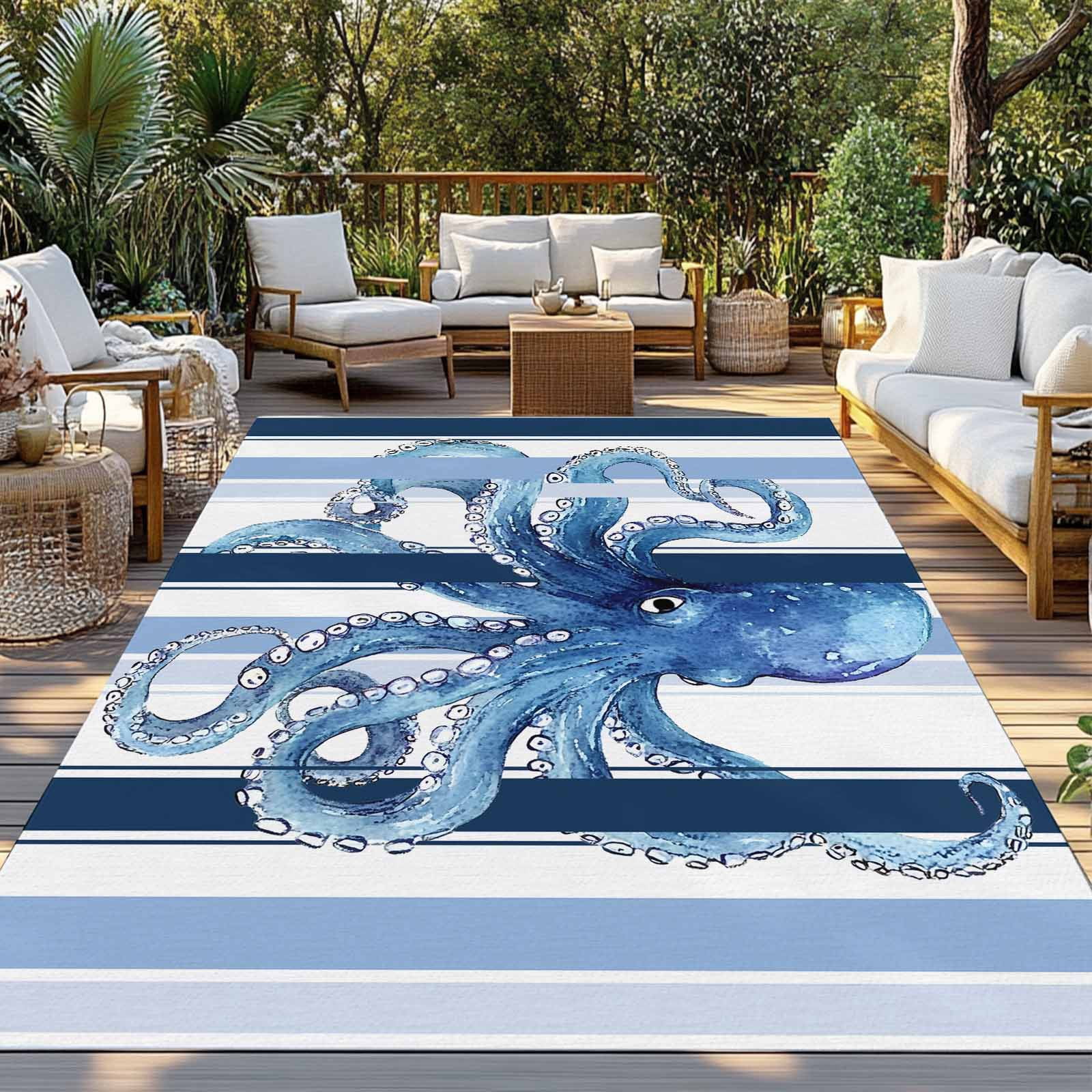 Fsddascl Ocean Octopus Outdoor Rug for Patio/Deck/Porch, Non-Slip Large Area Rug 4 x 6 Ft, Watercolor Navy Blue Aqua Stripe Modern Indoor Outdoor Rugs Washable Area Rugs, Camping Rug Carpet