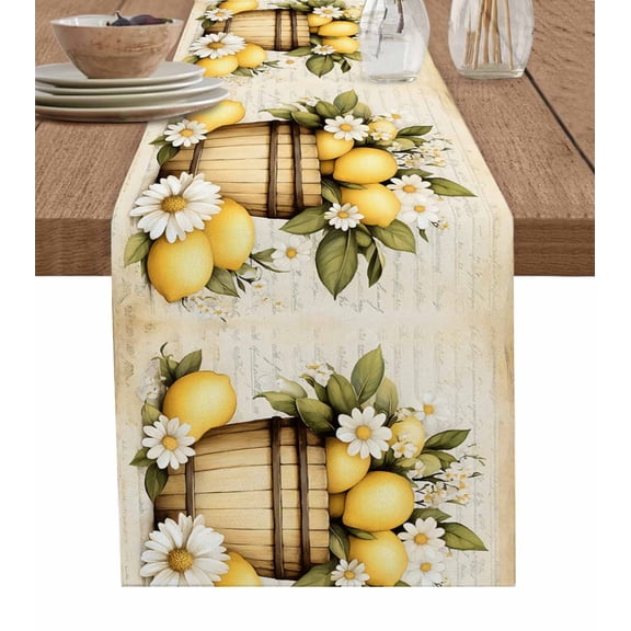 Vintage Lemon Table Runner 72 Inches, Yellow Fruit Blossoming Botanical Flower Bed Runner Dresser Scarves Tabletop for Indoor Outdoor Parties/Ceremony/Banquet, 14" x 72"