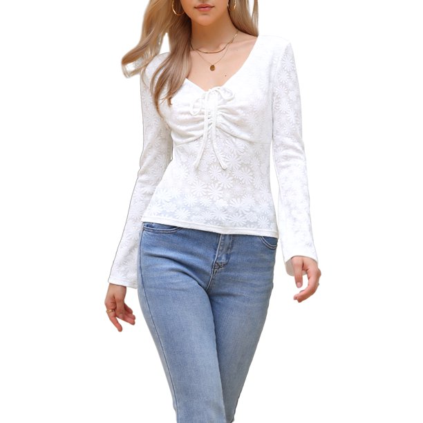 Camiseta de manga larga ajustada con escote en V y estampado floral INSPIRE CHIC con cordón para mujer S blanca