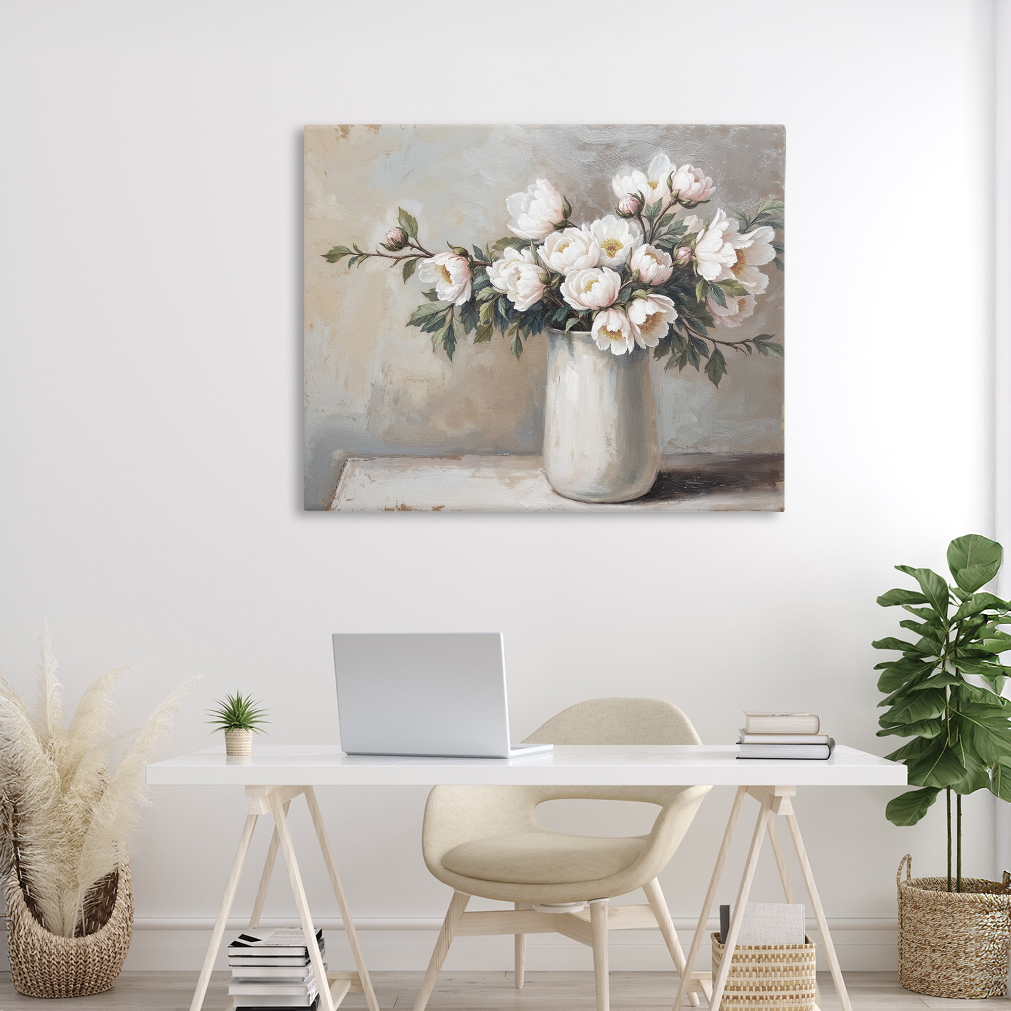 White Flowers in Vase Still Life Canvas Wall Art, design by Lettered and Lined