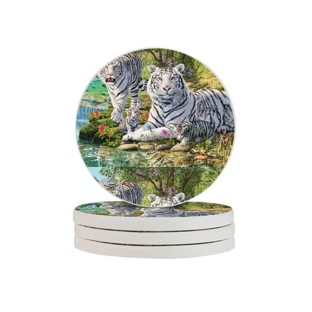 

Circular Drink Coasters Set White Tiger Jungle Beautiful Home Decor Diatomite Heat-Resistant Diatomite Protect Table Countertop