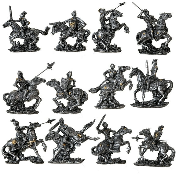 Set of 12 Medieval Armored Cavalry Horse Knights in Suit of Armor Figurines