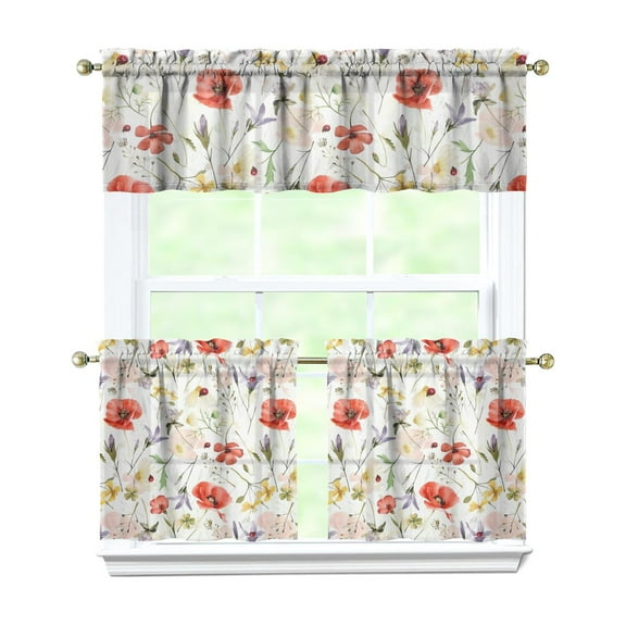 Floral Vintage Curtains 24 Inch - 3 Panel Boho Farmhouse Set with Rustic Wildflowers, Rod Pocket Window Treatment