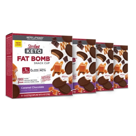 SlimFast Keto Fat Bomb Snacks, Caramel Cup, 14 Count Box, Pack of 4