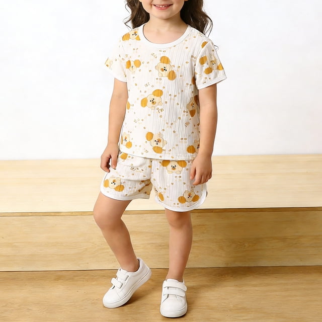 Conjuntos de blusas y camisas de manga corta y cuello redondo para niños y niñas, moda informal, manga corta, cuello redondo, pantalones cortos estampados con botones, vestido de poliéster para niños