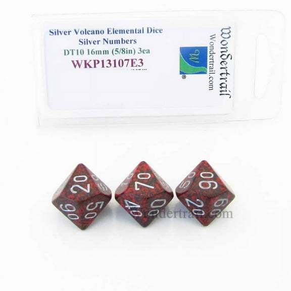Silver Volcano Elemental Dice with Silver Numbers 16mm (5/8in) DT10 Pack of 3 Wondertrail