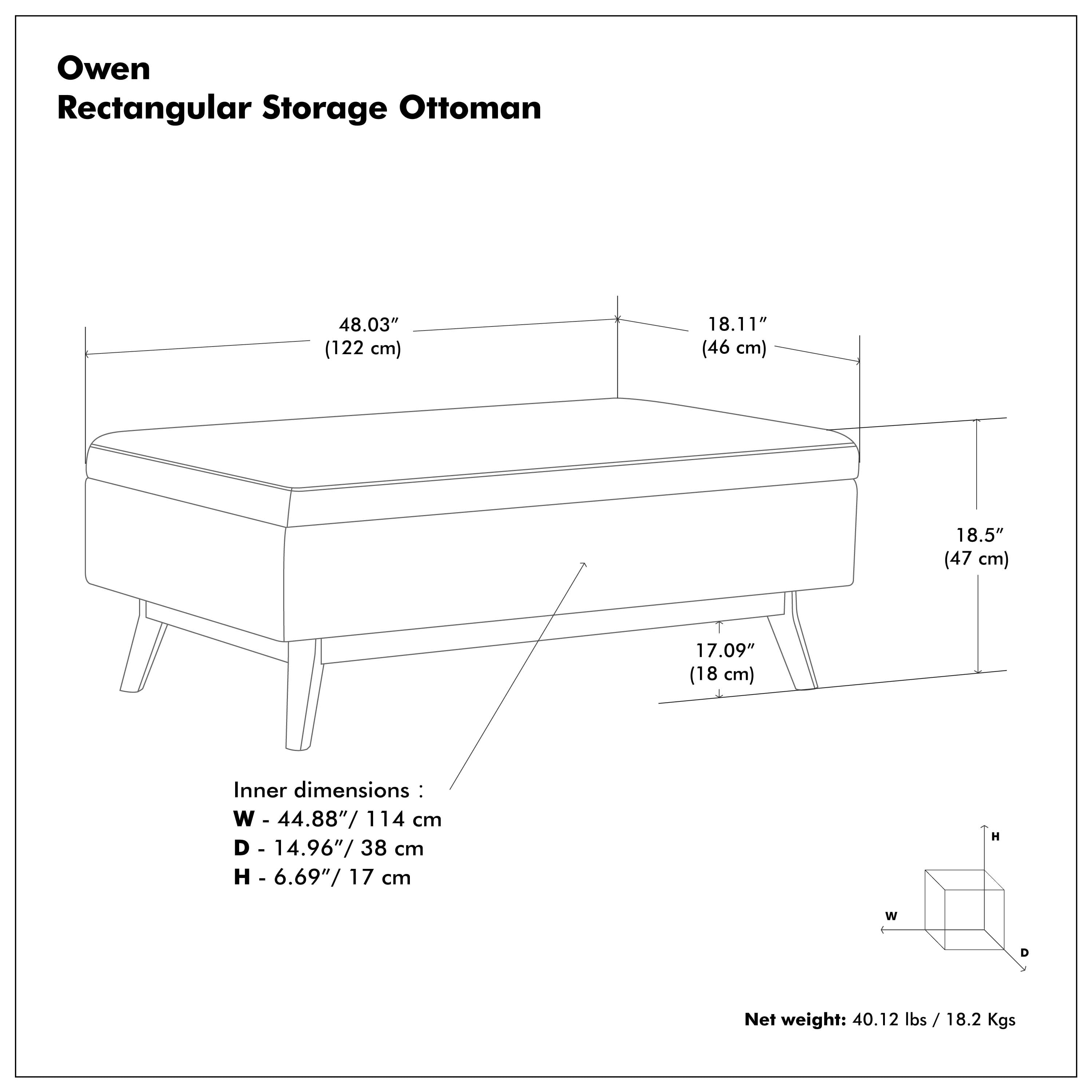 Simpli Home Owen 48 inch Wide Mid-Century Modern Rectangular Storage Ottoman in Distressed Saddle Brown Vegan Leather