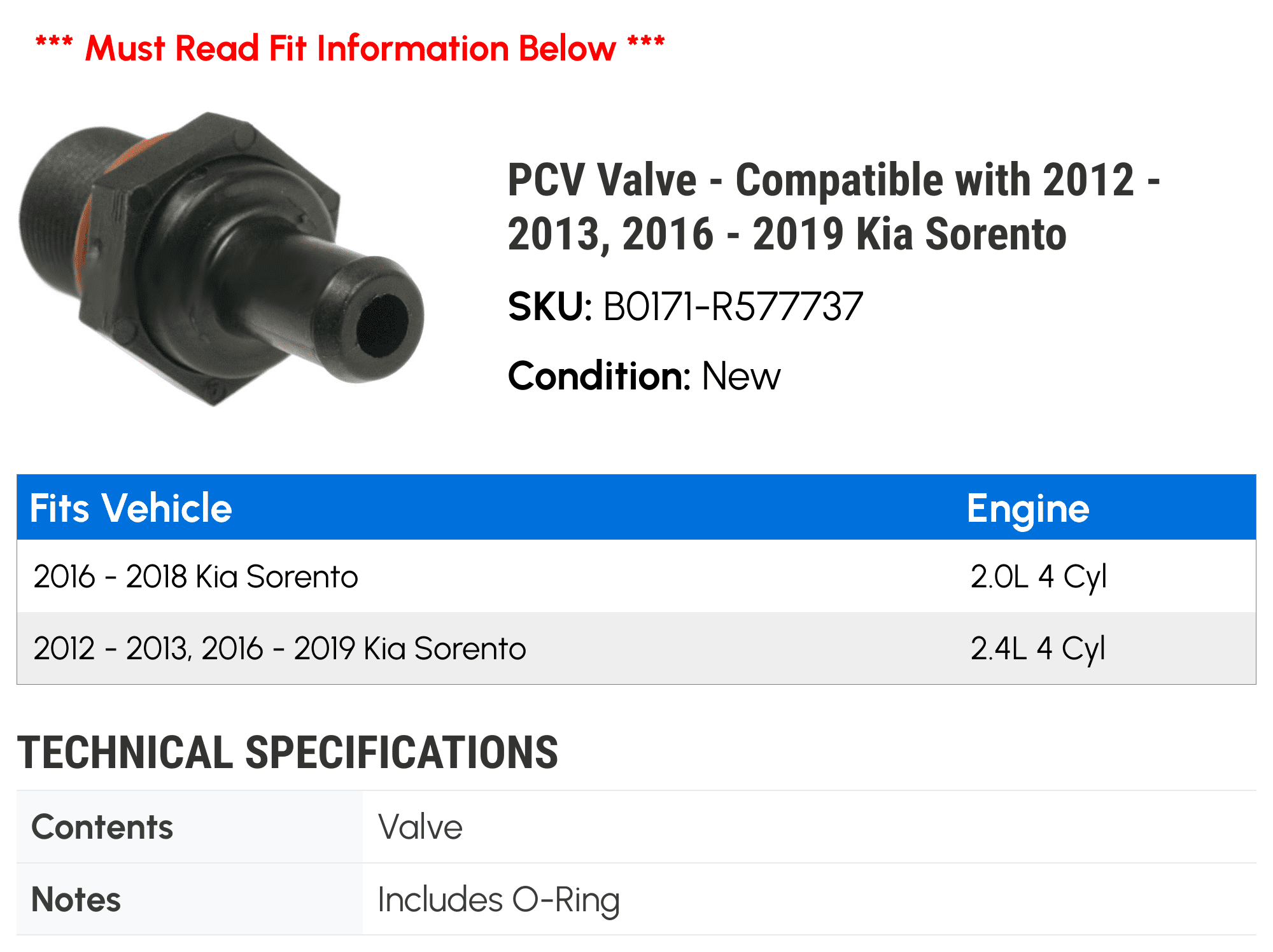 PCV Valve - Compatible with 2012 - 2013, 2016 - 2019 Kia Sorento 2017 2018