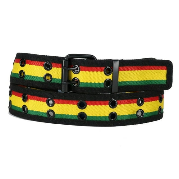 Reggae Rasta 2 Holes Row Metal Grommets Stitched Canvas Fabric Military Web Belt