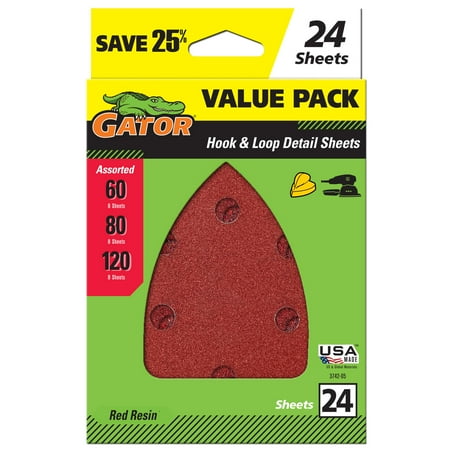 Gator Red Resin Hook and Loop Mouse Detail Sanding Sheets, Assorted 60/80/120 Grit, 24-Pack, 3742-05