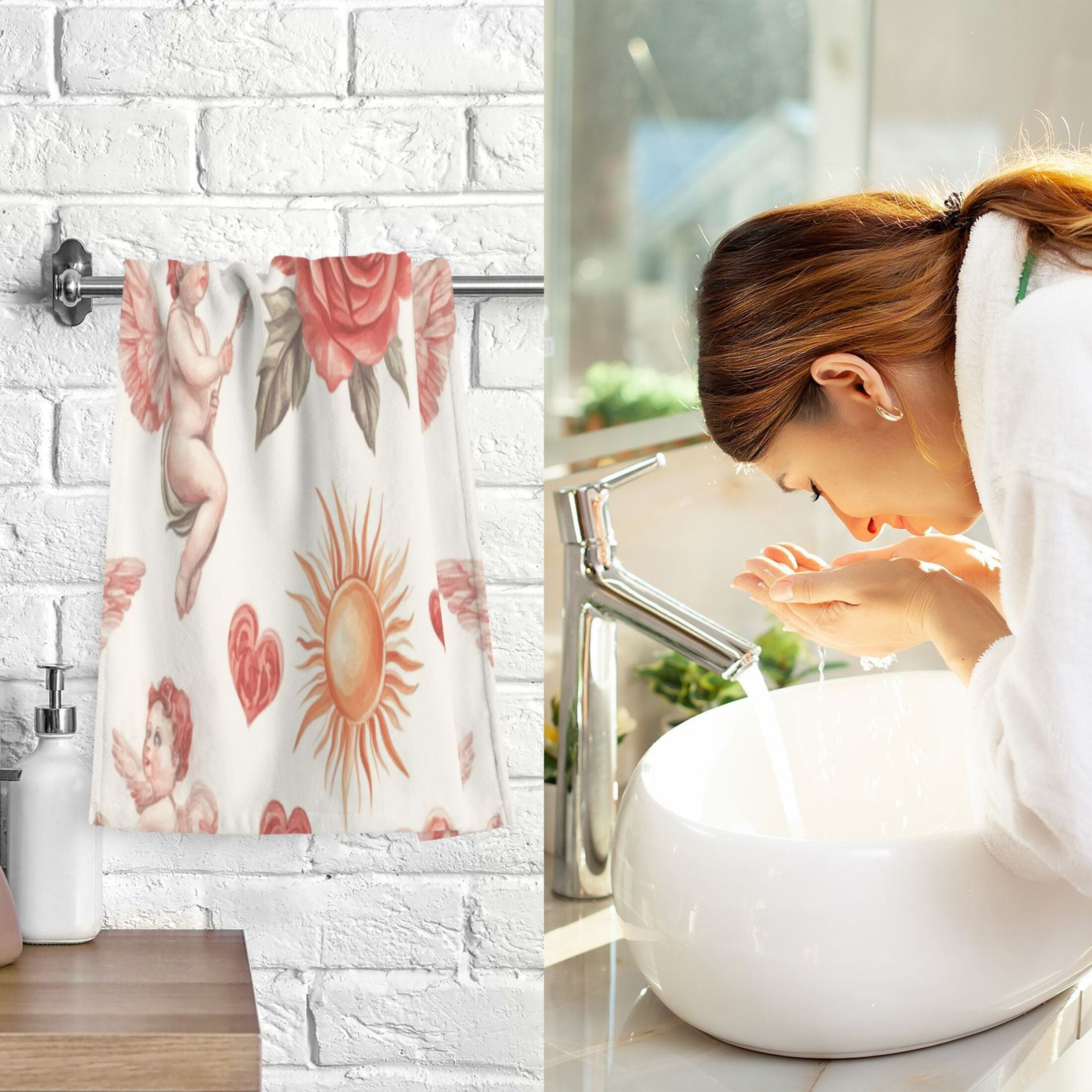 2 Pcs Absorbent Face Towel Bath Hand Towels Soft Breathable Cotton Towel Set for Bathroom Kitchen Hotel Spa Decor Watercolor Red Roses