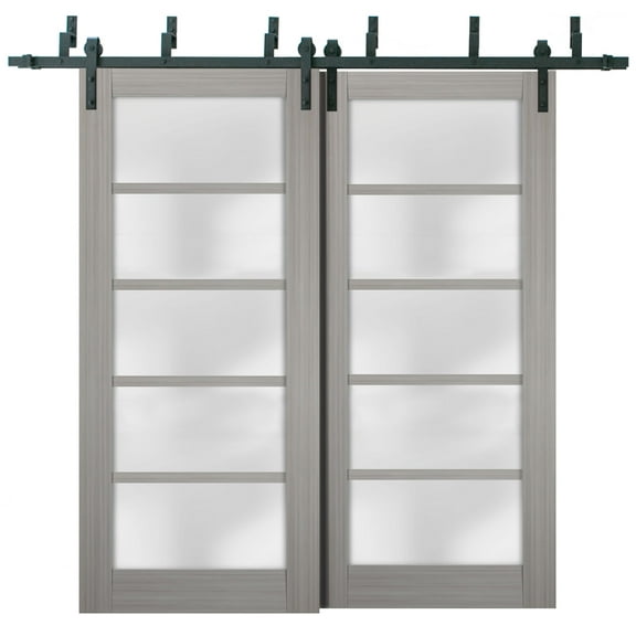 Sliding Closet Frosted Glass Barn Bypass Doors 60 x 80 inches | Quadro 4002 Grey Ash | Sturdy Top Mount 6.6ft Rails Hardware Set | Wood Solid Bedroom Wardrobe Doors