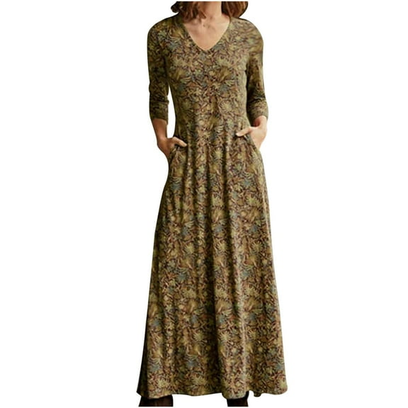 Ichaunyi Summer Dresses Fashion Women Flowers Print Long Sleeve Casual Pocket Loose Vintage Long Dress