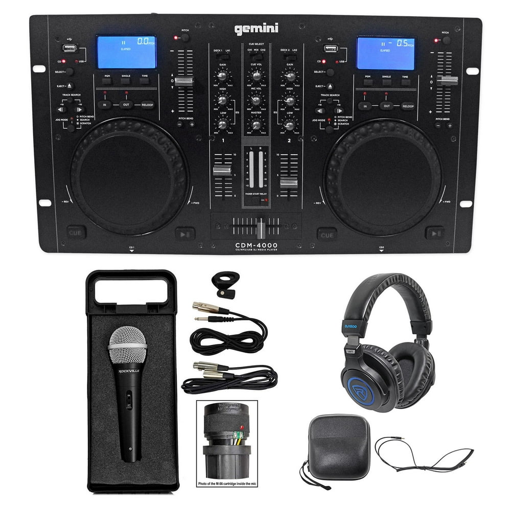 Gemini CDM4000 2 Ch. Dual DJ Mixer Media Player MP3/CD/USB+Headphones+Mic+Cable