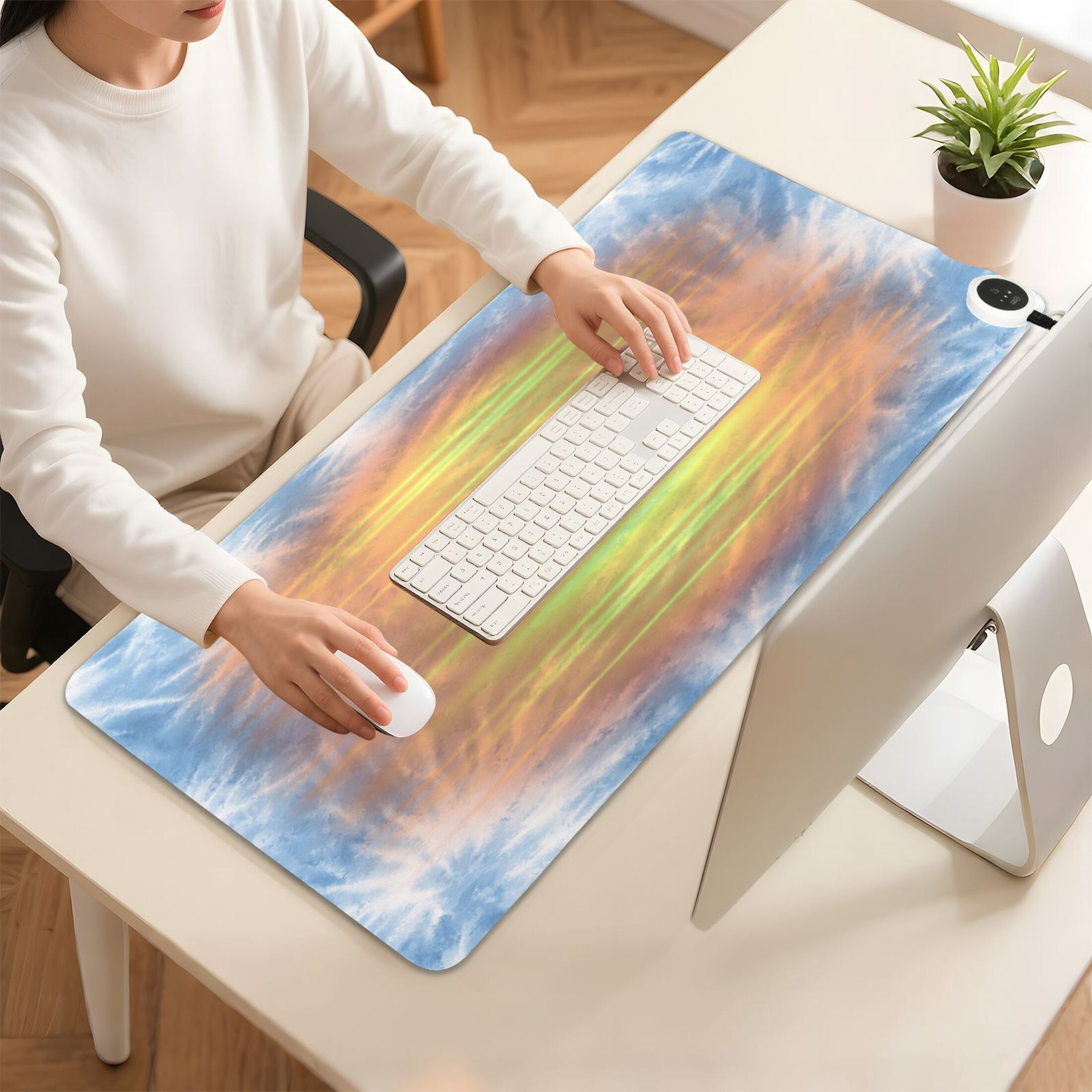 Large Heated Desk Mat Mouse Pad 31.5"x13"PU Leather Graphene Heating Desk Warmer with 3 Temperature Settings 110V US Plug Non-Slip Warm Pad for Home, Office, and Gaming Warm Blue Tie-dye Pattern