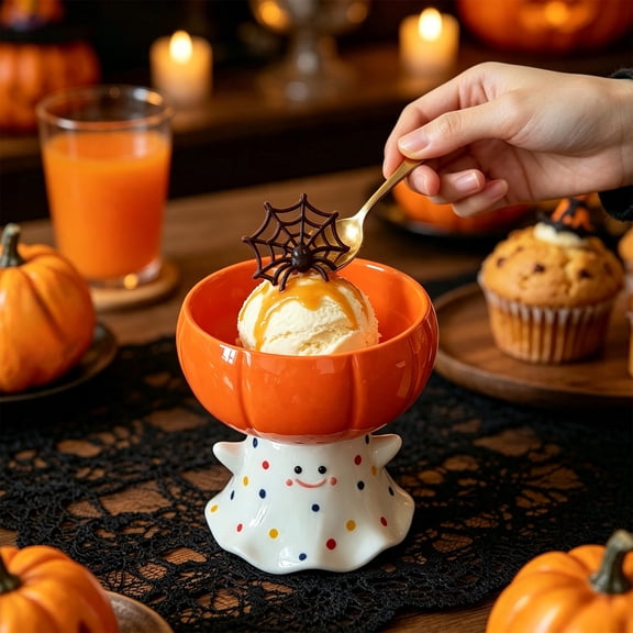 Miwamany Halloween Ghost Pumpkin Ceramic Dessert Bowl, Footed Ice Cream Snack Dish for Thanksgiving Fall Table Decor, Cute Spooky Serving Bowl 3.4x3.7x3.9in