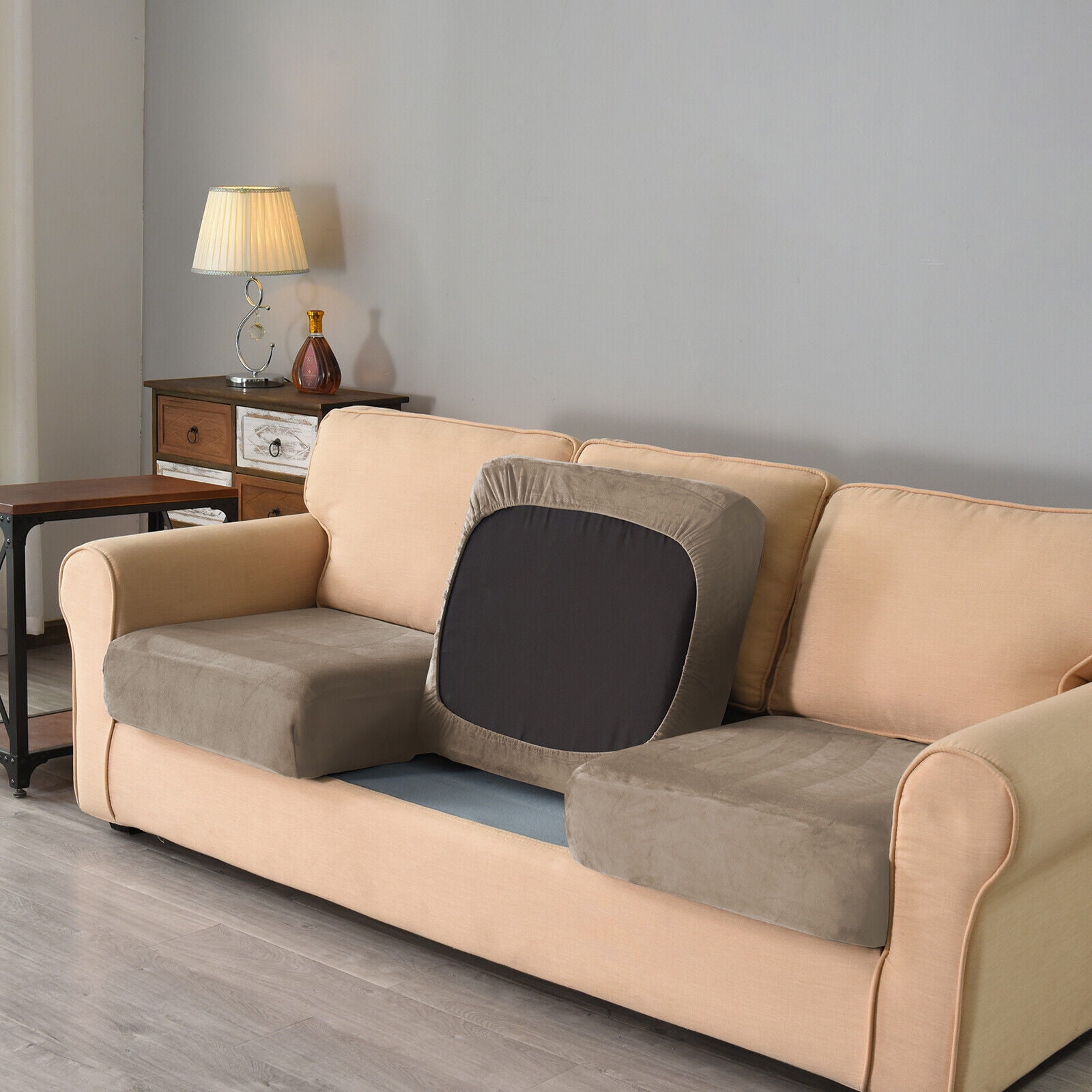 Luxury Velvet Couch Cover 3 Piece Stretch Sofa Covers for 1 Cushion Couch Thick Soft Spandex Sofa Slipcover Living Room Anti Slip Dogs Pet Furnitre Protector, Taupe, Armchair Cover