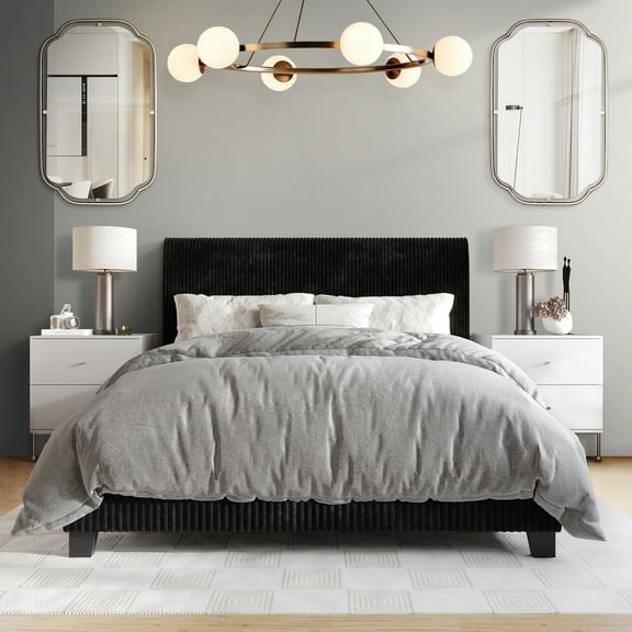 Castle Place Chic Corduroy Velvet Upholstered Full Bed, Black