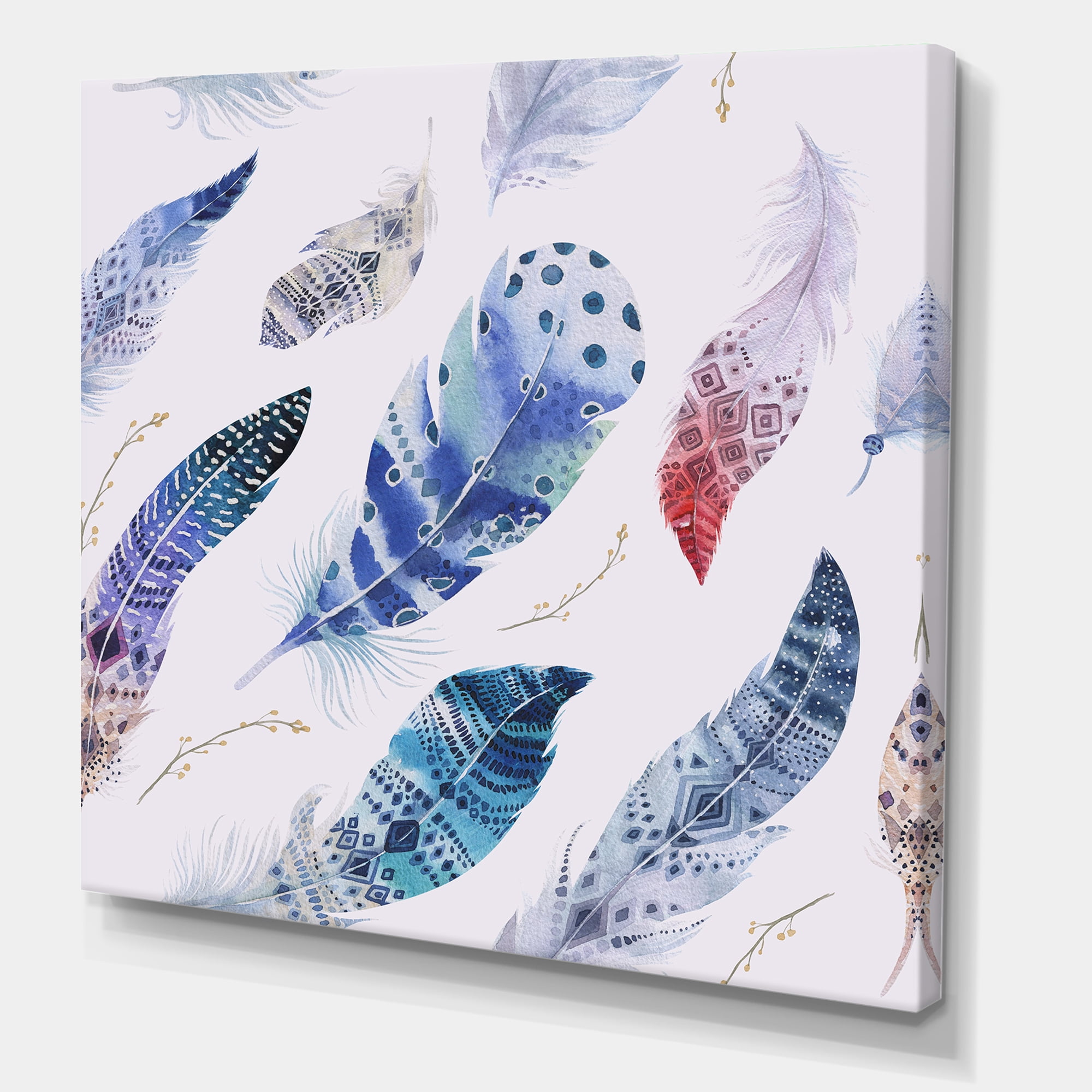 Elegant Blue Boho Art Feathers 30 in x 30 in Painting Canvas Art Print, by Designart