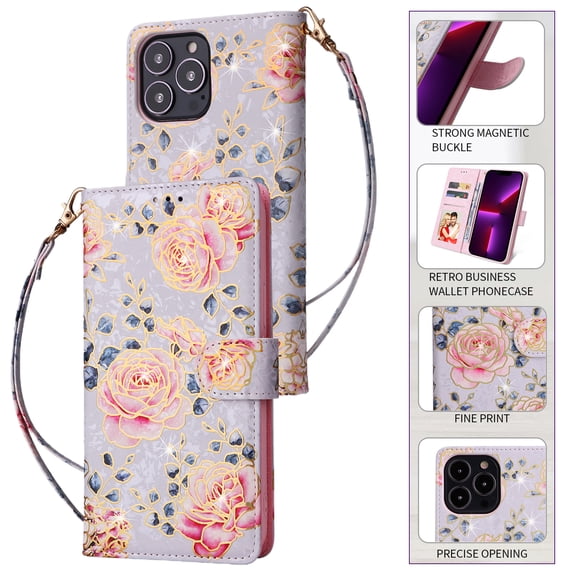 Wallet Case for iPhone 15 Pro Max with RFID Blocking Credit Card Slots Holder, Cute Patterned Gold Brushing Magnetic Flip Kickstand Wrist Strap Cover For iPhone 15 Pro Max, Rural Rose