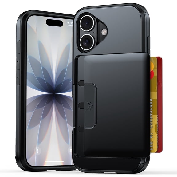 Mynvo Apple iPhone 17 Wallet Case with Hidden Card Holder, Heavy Duty Protective Phone Cover, Slim Rugged Case with 12FT Drop Protection Sliding Door, Black