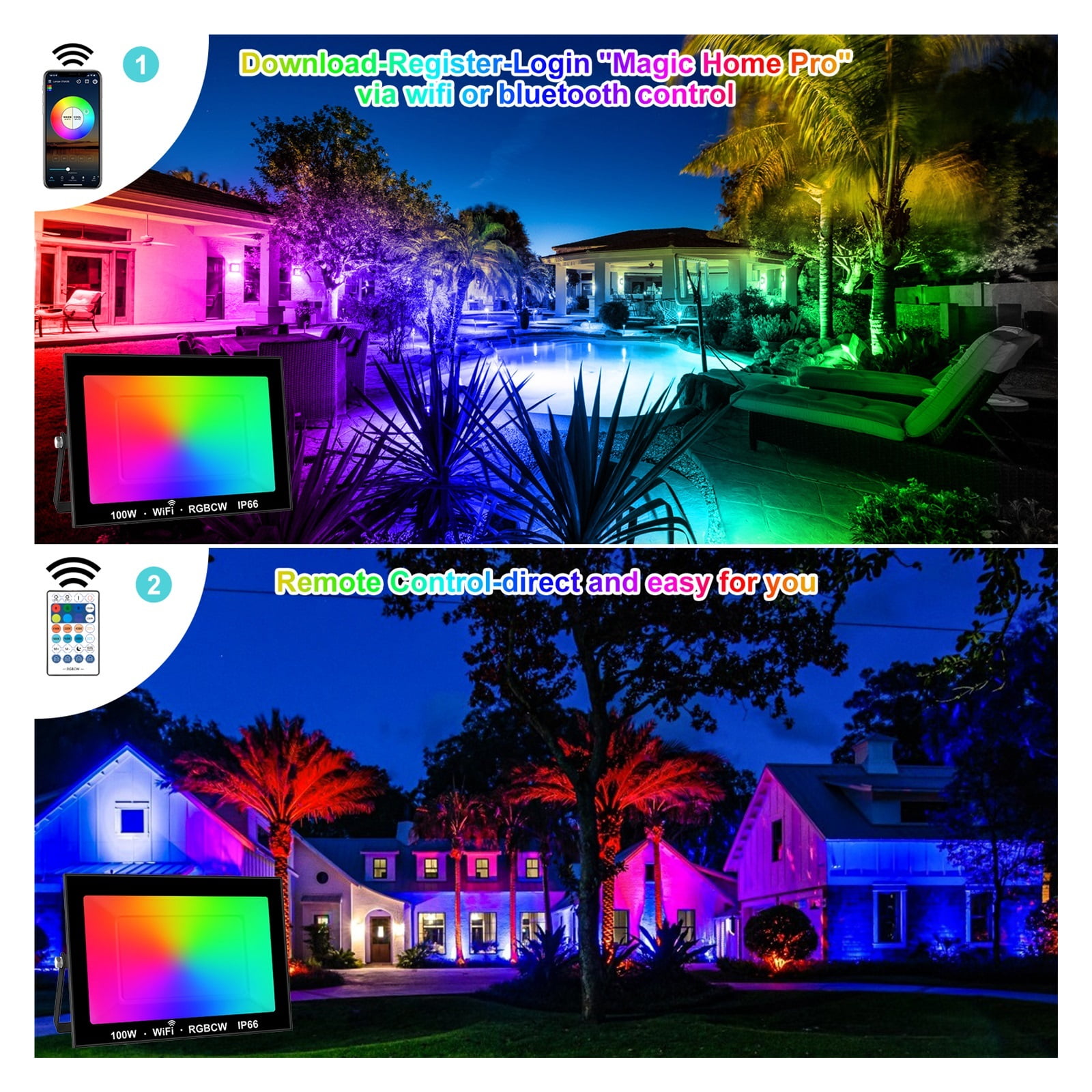 Ultra-thin 100W LED Flood Light With Remote Control Floodlight Spotlight IP66 Waterproof Outdoor Garden Lamp Wall Light ,Brings Out Natural Colors