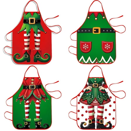 4Pcs 28.3Inch Christmas Apron Adjustable Kitchen Cooking Aprons BBQ Bib Funny Chef Apron for Women Men Christmas (Elf)