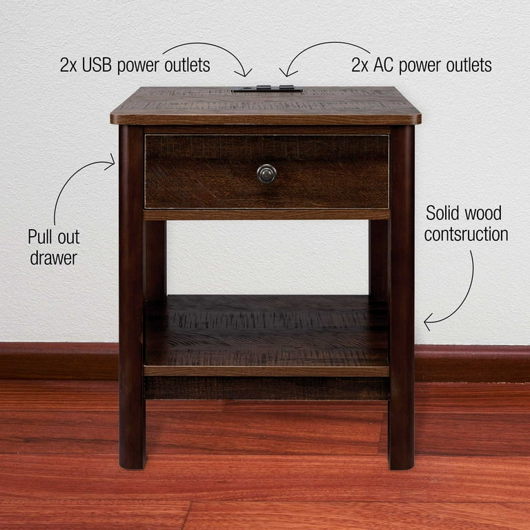 DecorTech Traditional Rectangular End Table with AC Power and USB Charging Ports Walnut
