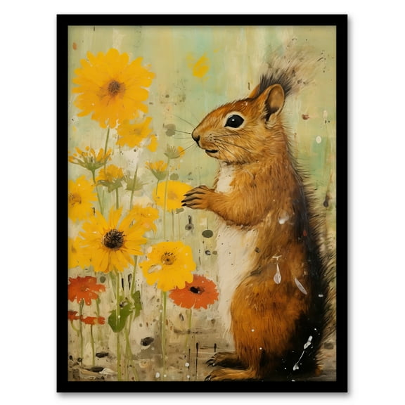 Squirrel In The Marigolds Stop To Smell The Flowers Oil Painting Orange And Yellow Art Print Framed Poster Wall Decor 12x16 inch