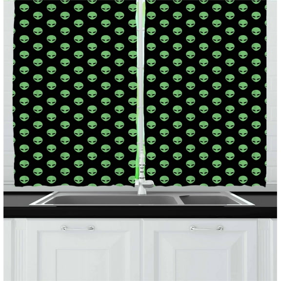 Ambesonne Alien Kitchen Curtains, Martian Design, 55"x39", Fern Green Black