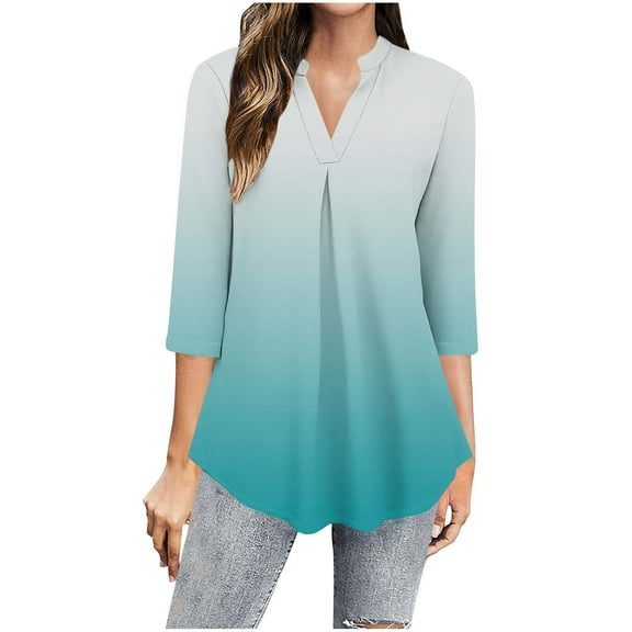 Olyvenn 3/4 Sleeve Tops for Women 2025 Dressy Casual V-Neck Blouses Pleated Front Ruffles Solid Color Loose Shirt Tops Army Green L