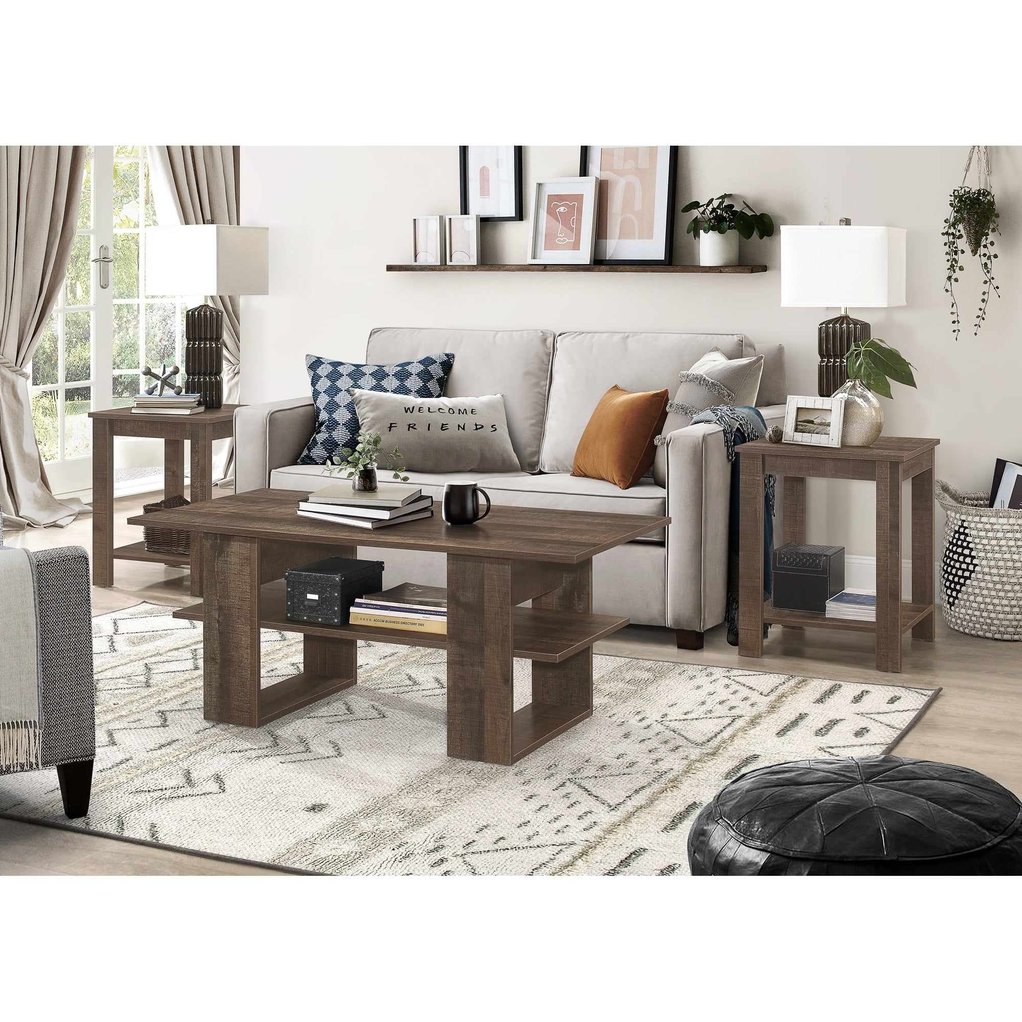 Home Design Beverly 3-Piece Coffee Table Set with 1 Rectangular Coffee Table and 2 Square End Tables, Each with Open Shelf for Storage and Display, Modern Living Room Design, Brown Oak